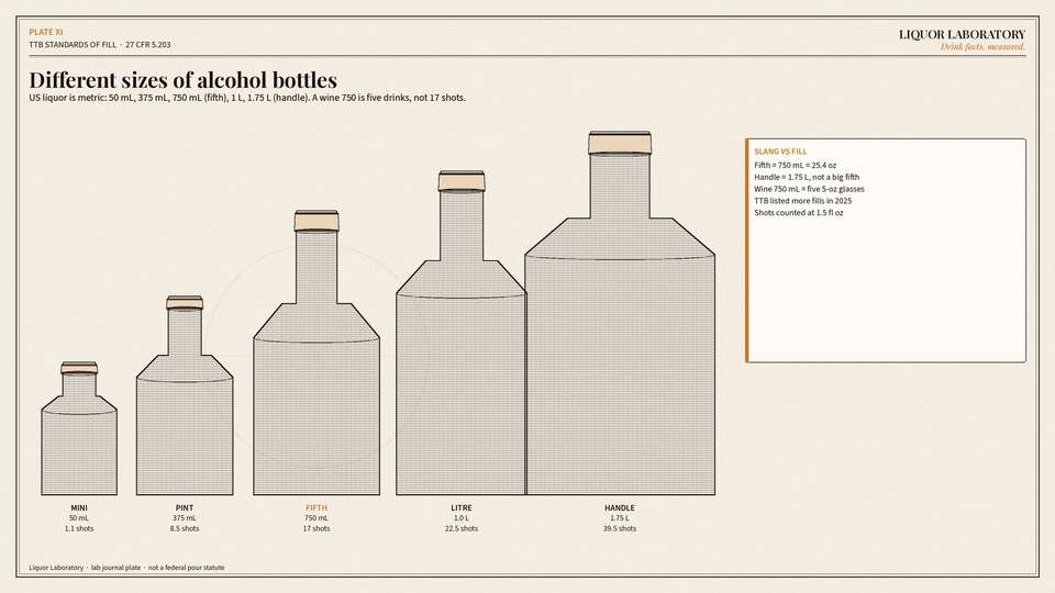 Lab-journal bottle lineup: 50 mL mini, 375 mL pint, 750 mL fifth, 1 litre, and 1.75 L handle.